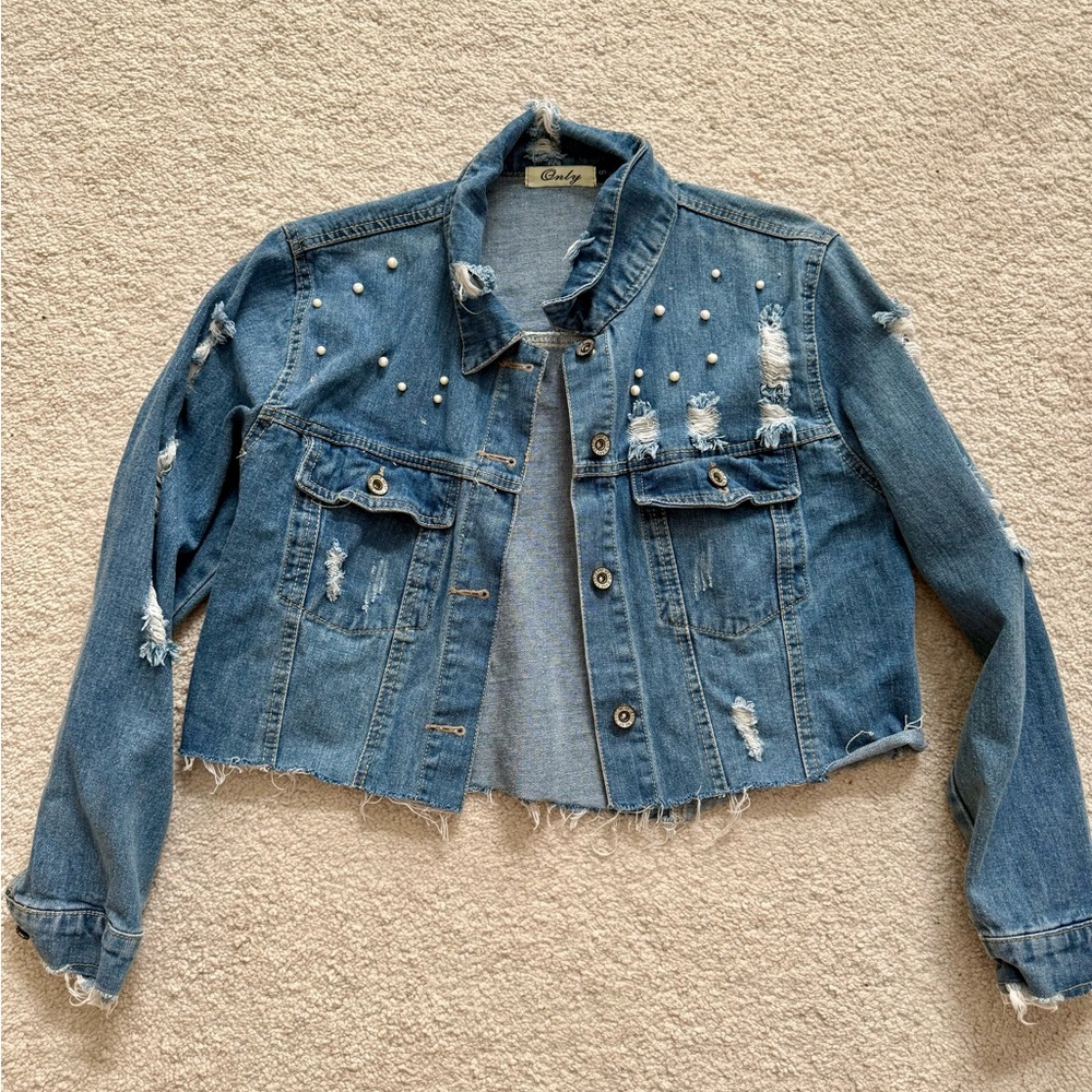 Blue Distressed Cropped Jean Jacket - Picture 2 of 8